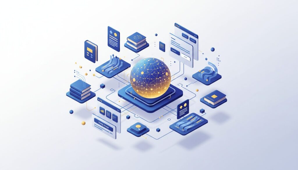 3D isometric AI system with glowing neural hub, knowledge nodes, and smooth gradients.