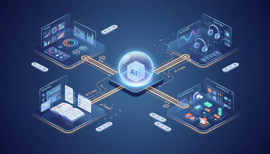 3D isometric learning interface with AI node, four zones, and glowing flowchart connectors.