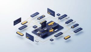 3D isometric quiz interface with branching logic, deep blue and gold colors, sleek design.