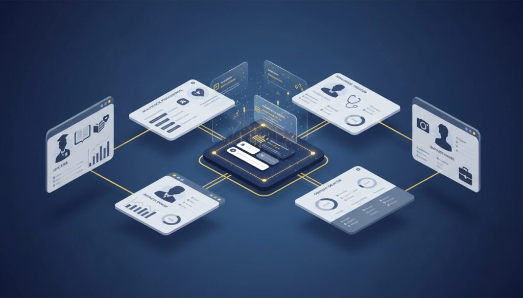 3D isometric workspace with modular panels, career profiles, AI interface, blue gradient, and gold accents.