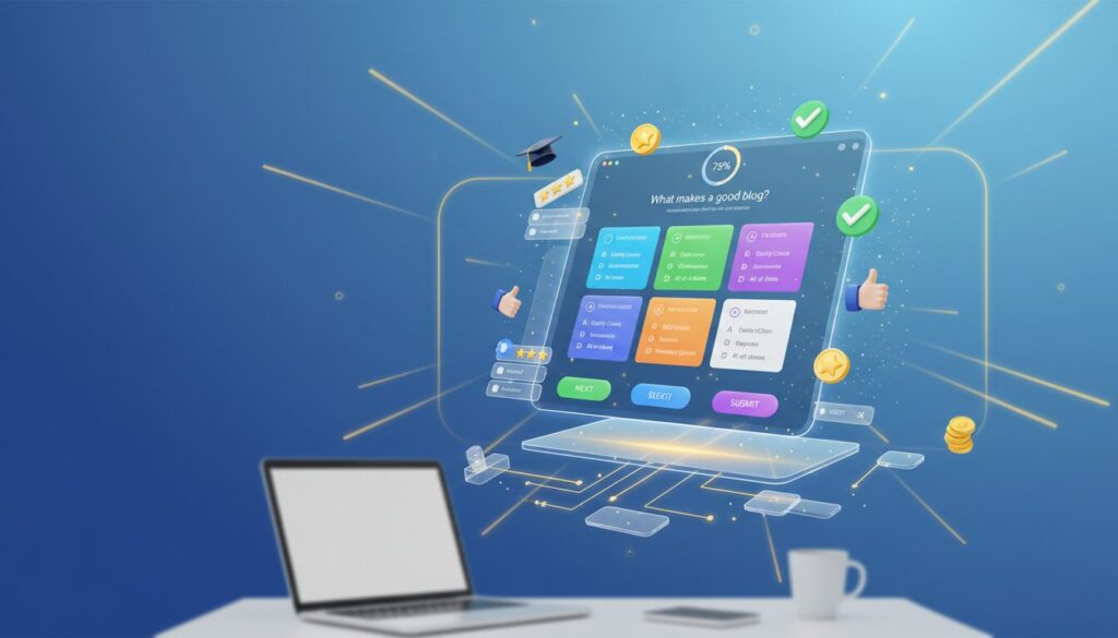 3D quiz interface with colorful cards, UI elements, and educational icons on a blue gradient background.