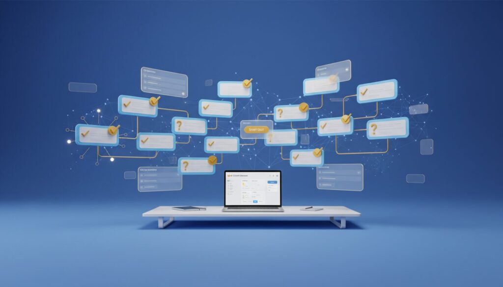 3D quiz interface with holographic elements, blue gradient, golden highlights, and neural network backdrop.