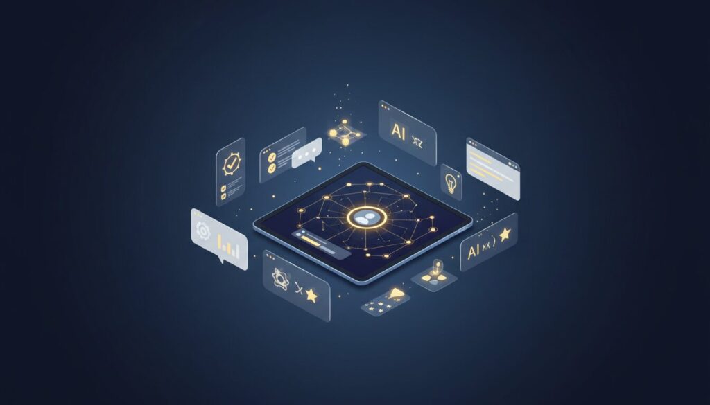 3D workspace with holographic AI elements, tablet dashboard, and geometric UI in blue and gold.