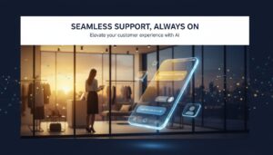 AI chatbot interface on screen in modern office with warm lighting and digital network.