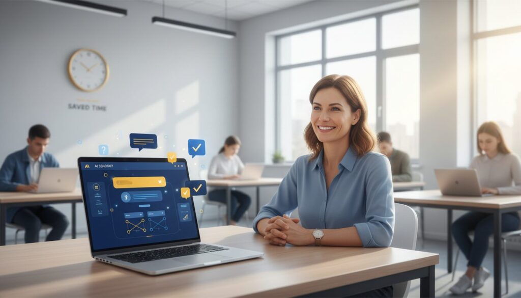 AI chatbot on laptop in modern classroom, relaxed instructor, students on devices.