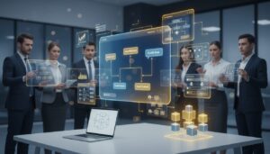 AI compliance training in sleek office with interactive holograms and diverse professionals.