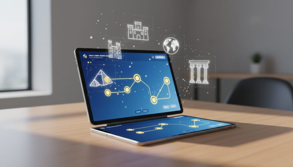 AI history education scene with interactive timeline on laptop, surrounded by holographic ancient icons.
