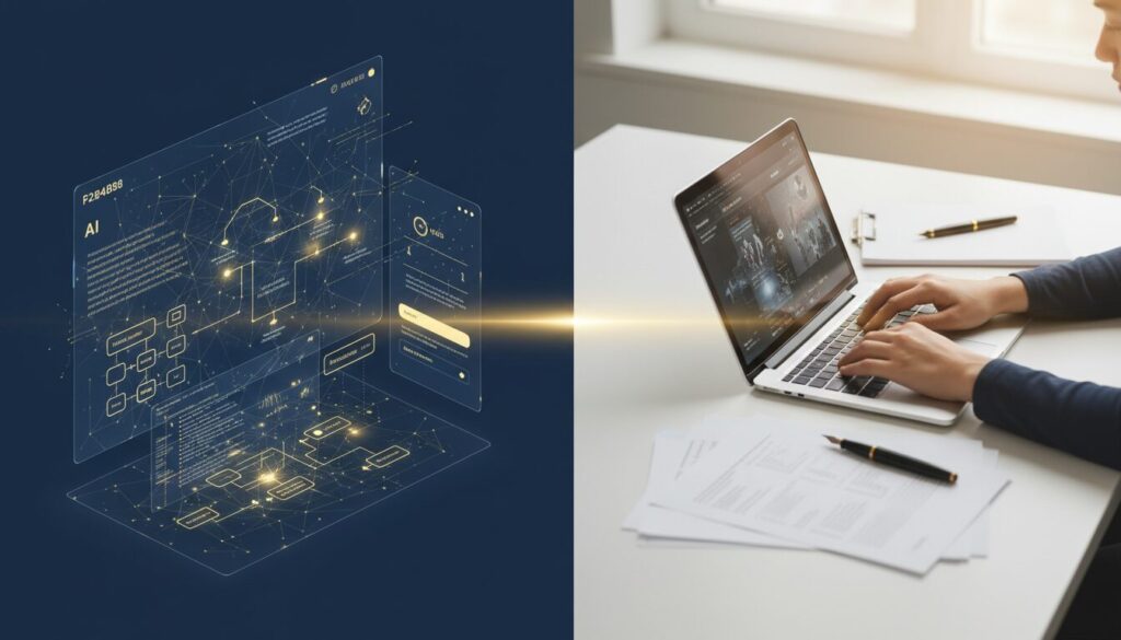 AI-human collaboration in writing with digital and physical workspace elements.