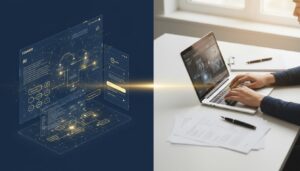 AI-human collaboration in writing with digital and physical workspace elements.