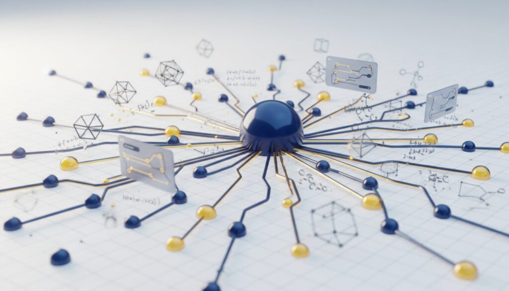 AI neural network with glowing nodes, mathematical symbols, and golden expert nodes on deep blue core.