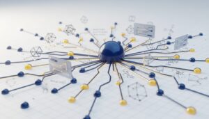 AI neural network with glowing nodes, mathematical symbols, and golden expert nodes on deep blue core.