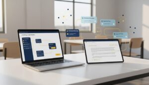 AI-powered writing tools on laptop and tablet in modern classroom.