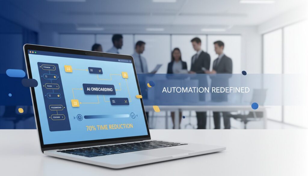 Business banner with AI onboarding automation in modern office, laptop showing no-code interface, diverse team in background.