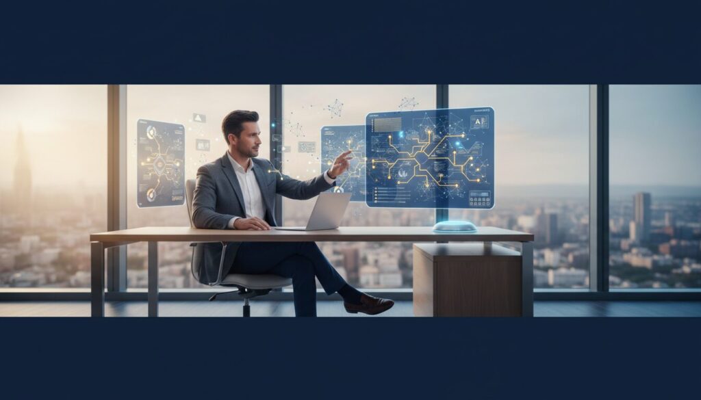 Business executive at desk with holographic AI display showing decision pathways, modern office.