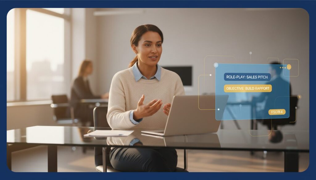 Confident professional at desk with laptop, engaging with holographic AI prompts, in modern office.