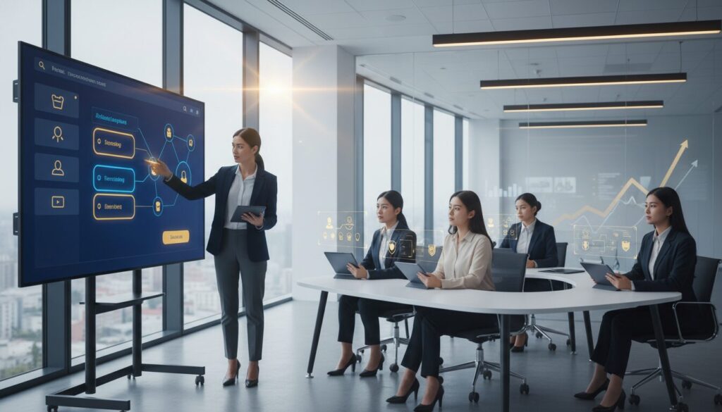Corporate training room with diverse employees using AI tech and interactive displays.