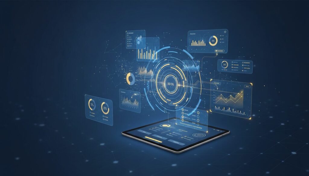 Digital dashboard with 3D data visualizations, showing student performance metrics on a sleek screen.