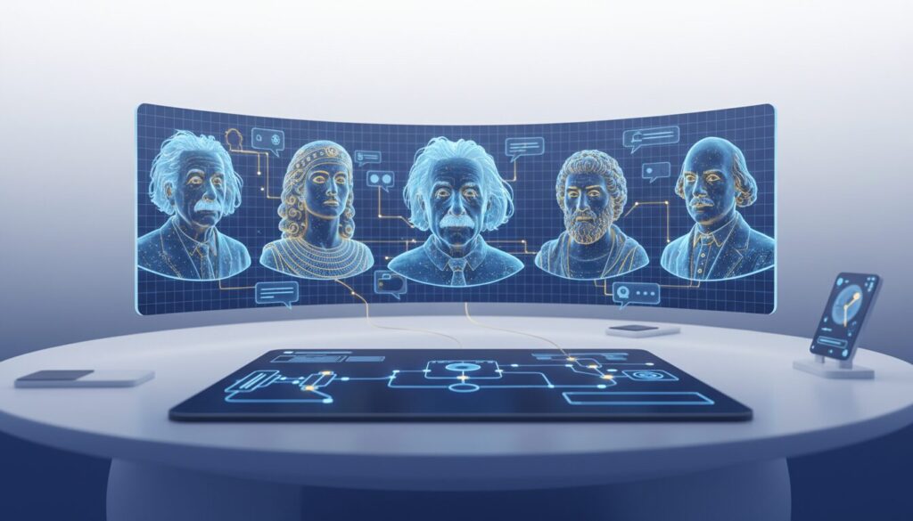 Digital interface with holographic busts of Einstein, Cleopatra, da Vinci, Shakespeare in glowing blue and gold, surrounded by UI elements on a sleek workspace background.