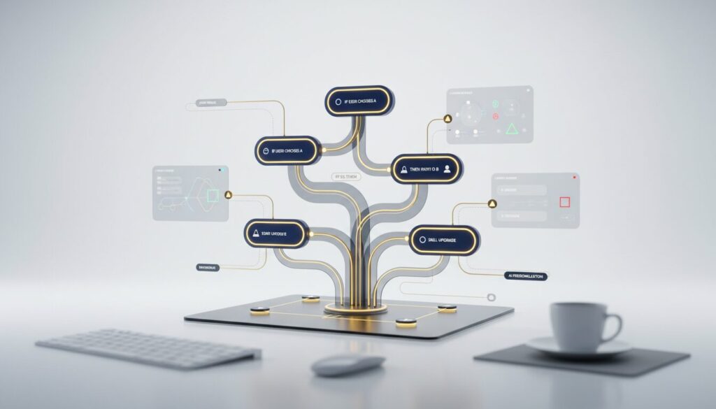 Digital training interface with glowing decision nodes, branching paths, holographic panels on white background.
