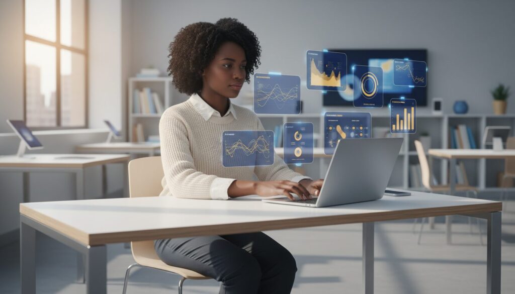 Diverse educator at modern desk, reviewing holographic feedback with AI charts in a contemporary classroom.