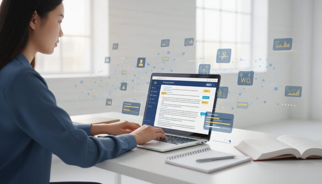 Diverse ESL student using laptop with AI writing tools in modern workspace, blending tech and traditional learning.