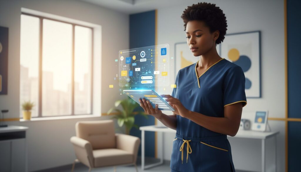 Diverse medical professional in modern scrubs using a tablet with AI interface in a bright hospital room.