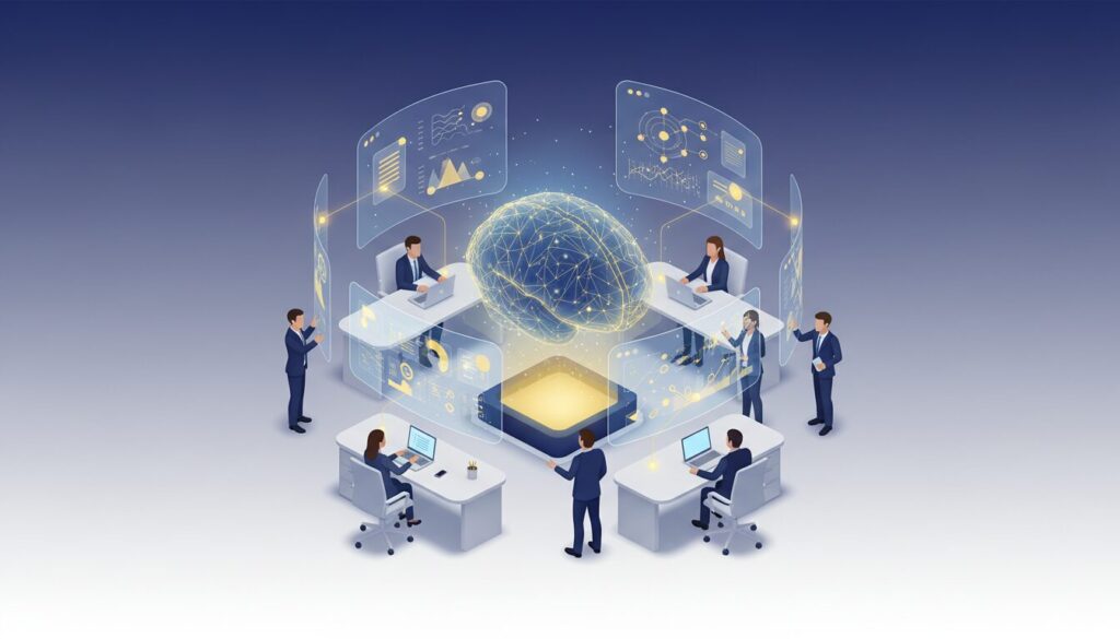 Diverse professionals collaborate around a holographic AI brain in a modern digital workplace.
