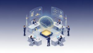 Diverse professionals collaborate around a holographic AI brain in a modern digital workplace.