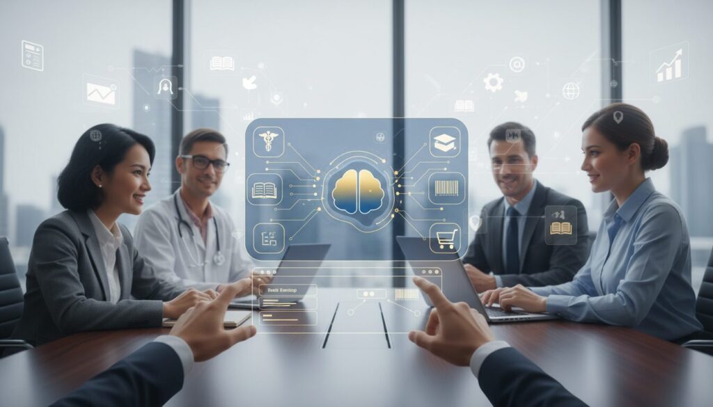 Diverse professionals collaborate with holographic AI interface in modern workspace.