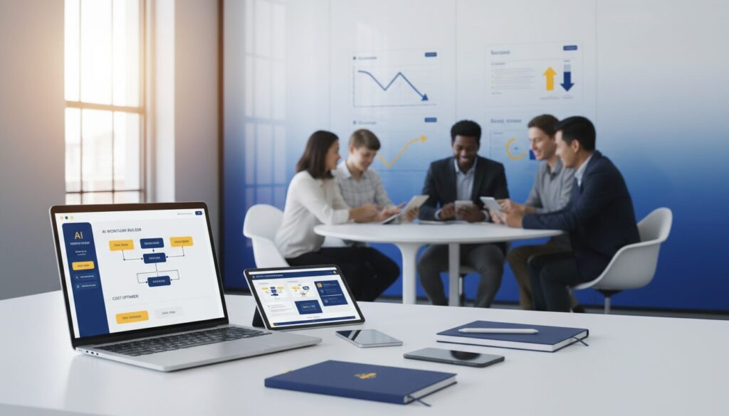 Diverse professionals in modern office engaged in AI learning with no-code interface on laptop.