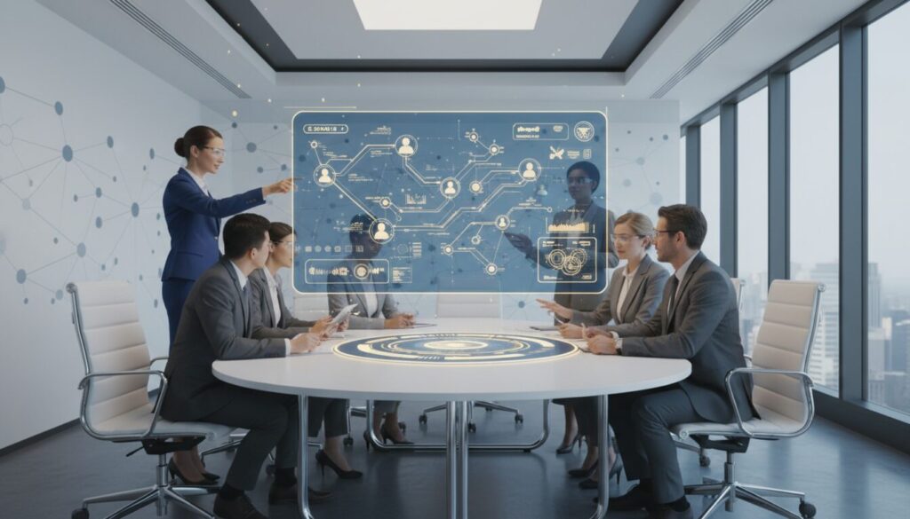Diverse professionals in sleek office engage with holographic AI learning display.