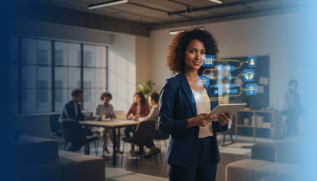 Diverse program director using tablet with AI interface in modern nonprofit office.