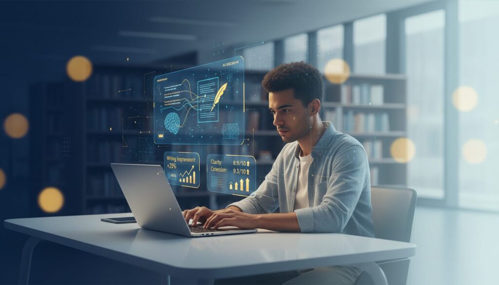 Diverse student at desk with laptop, AI essay tool, glowing library, modern tech vibes.