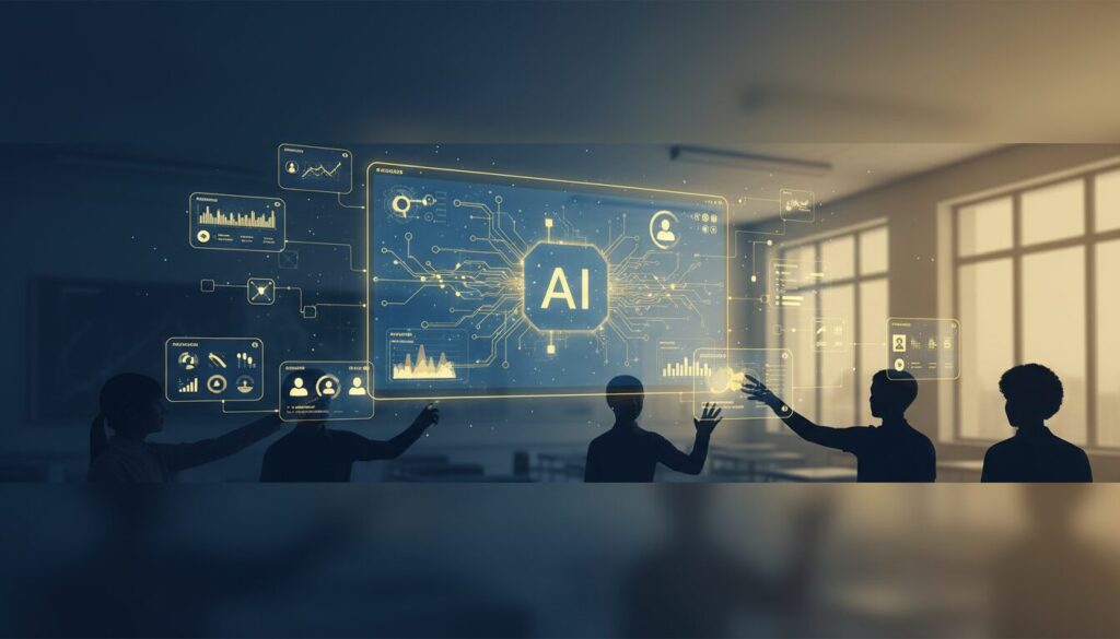 Diverse student interacts with holographic AI in modern classroom with blue-gold gradients.