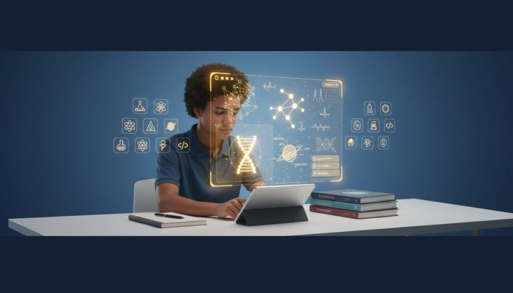 Diverse student with tablet showing interactive science content, AI elements, modern workspace.