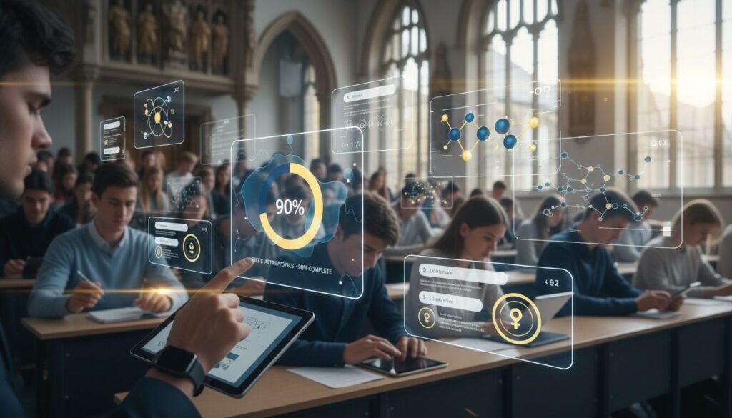 Diverse students in a modern lecture hall interact with holographic science quizzes, Gothic architecture visible.