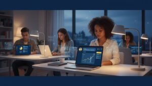 Diverse students studying at home, warm lighting, AI interfaces on laptops, cozy modern setting.