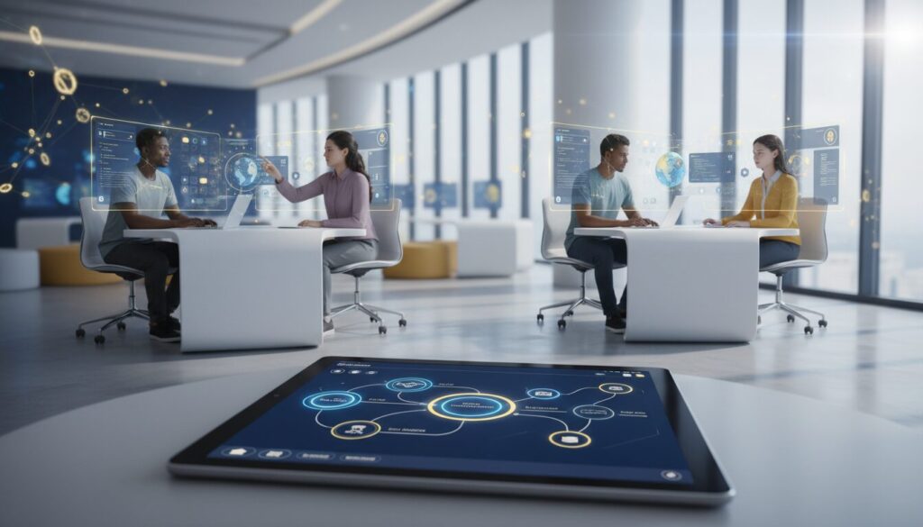 Diverse students use AI tutoring at sleek workstations in bright, modern learning space.