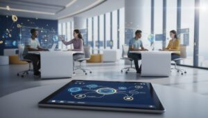 Diverse students use AI tutoring at sleek workstations in bright, modern learning space.