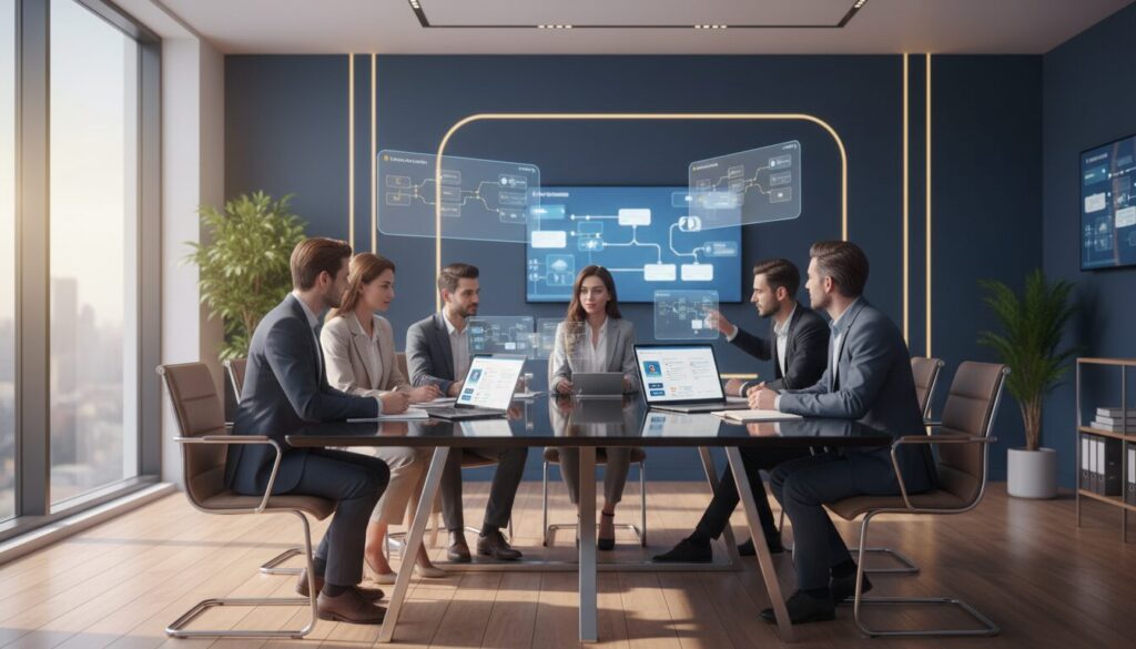 Diverse team at glass table with AI tech, holographic displays, warm lighting, modern office.