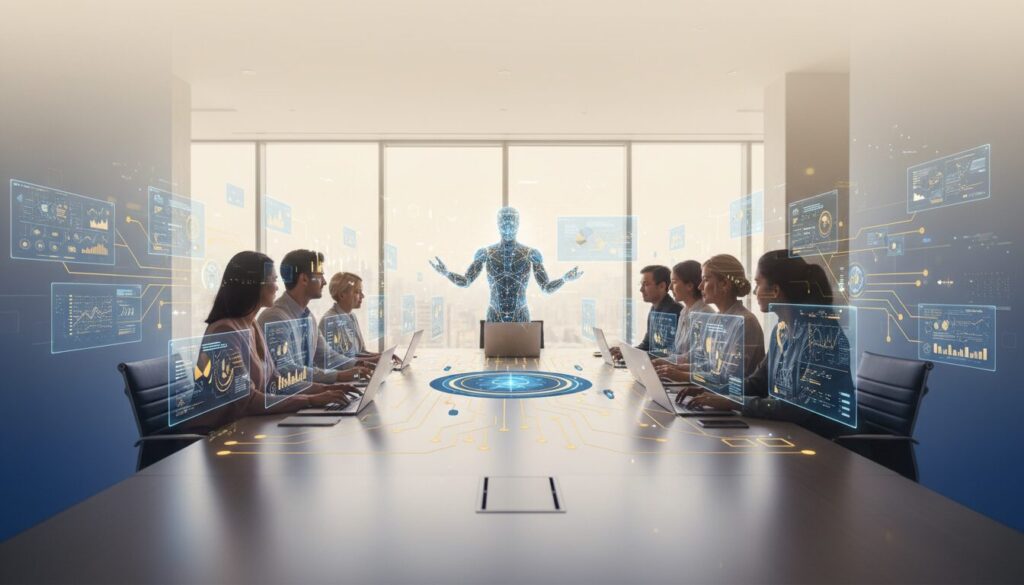 Diverse team at modern table with laptops displaying holographic AI, futuristic office setting.