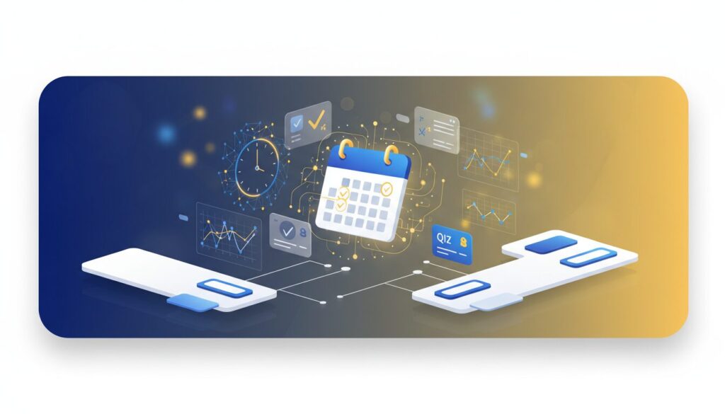 Educational tech banner with 3D quiz elements, digital calendar, and neural patterns in a blue-yellow gradient.