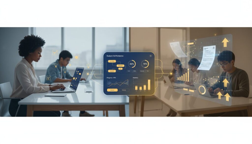 Educator at desk with laptop, AI visualizations, student performance dashboard, modern classroom.
