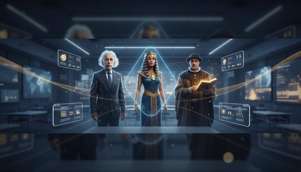 Einstein, Cleopatra, Renaissance scholar as AI avatars in a tech-forward classroom setting.