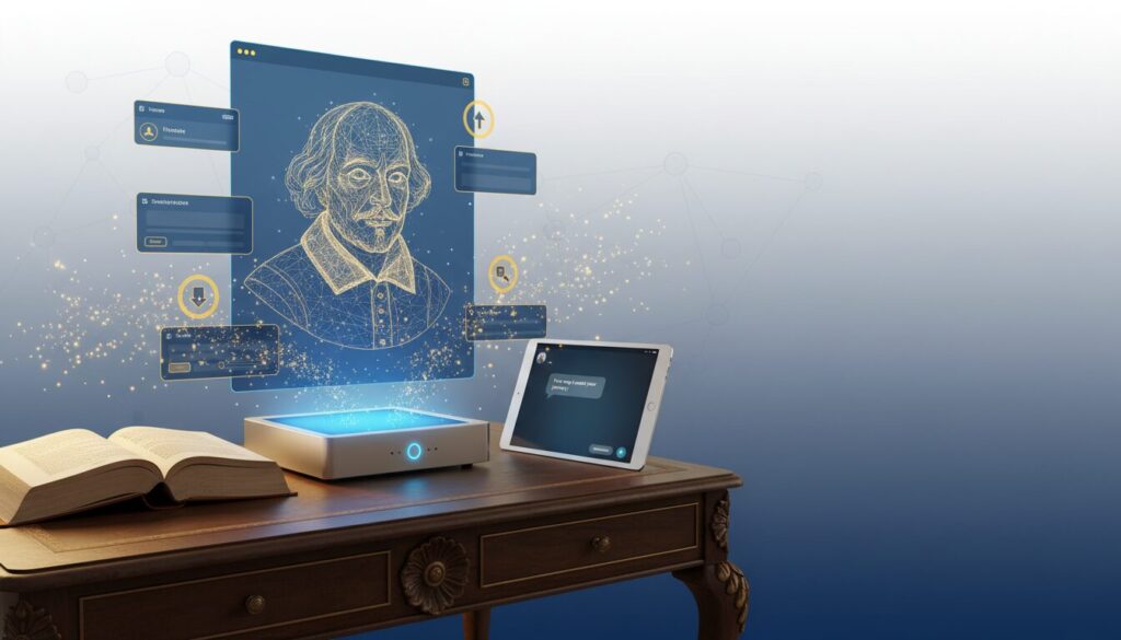 Elegant fusion of classical literature and AI, Shakespeare hologram on antique desk, glowing displays
