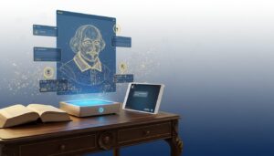 Elegant fusion of classical literature and AI, Shakespeare hologram on antique desk, glowing displays
