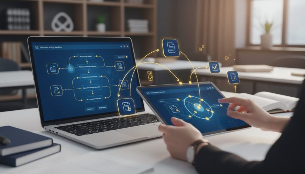 Elegant hands use tablet with drag-and-drop interface, AI on laptop, in modern classroom scene.