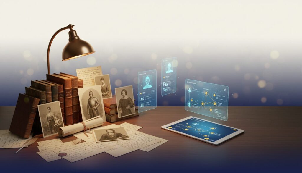 Elegant workspace with antique books, vintage documents, and modern digital holograms.