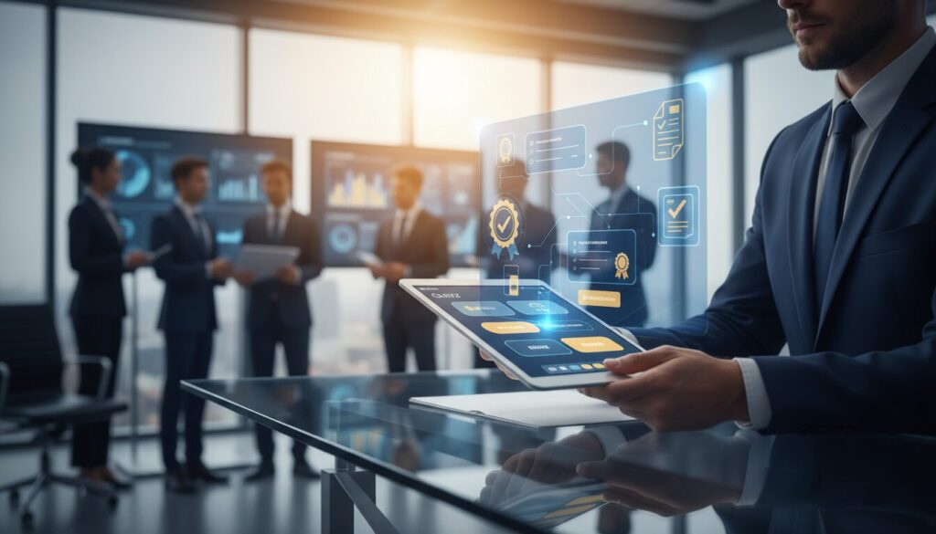 Executive using tablet with holographic interface, diverse team, modern office, tech-driven mood.