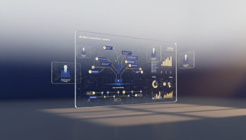 Futuristic training scene with holographic AI interface, transparent screen, and 3D role-play cards.